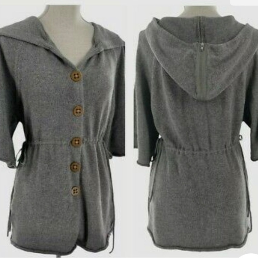 Sparrow Gray Hooded Elbow Length Sleeve Tie Waist Cotton /Wool Cardigan Sweater